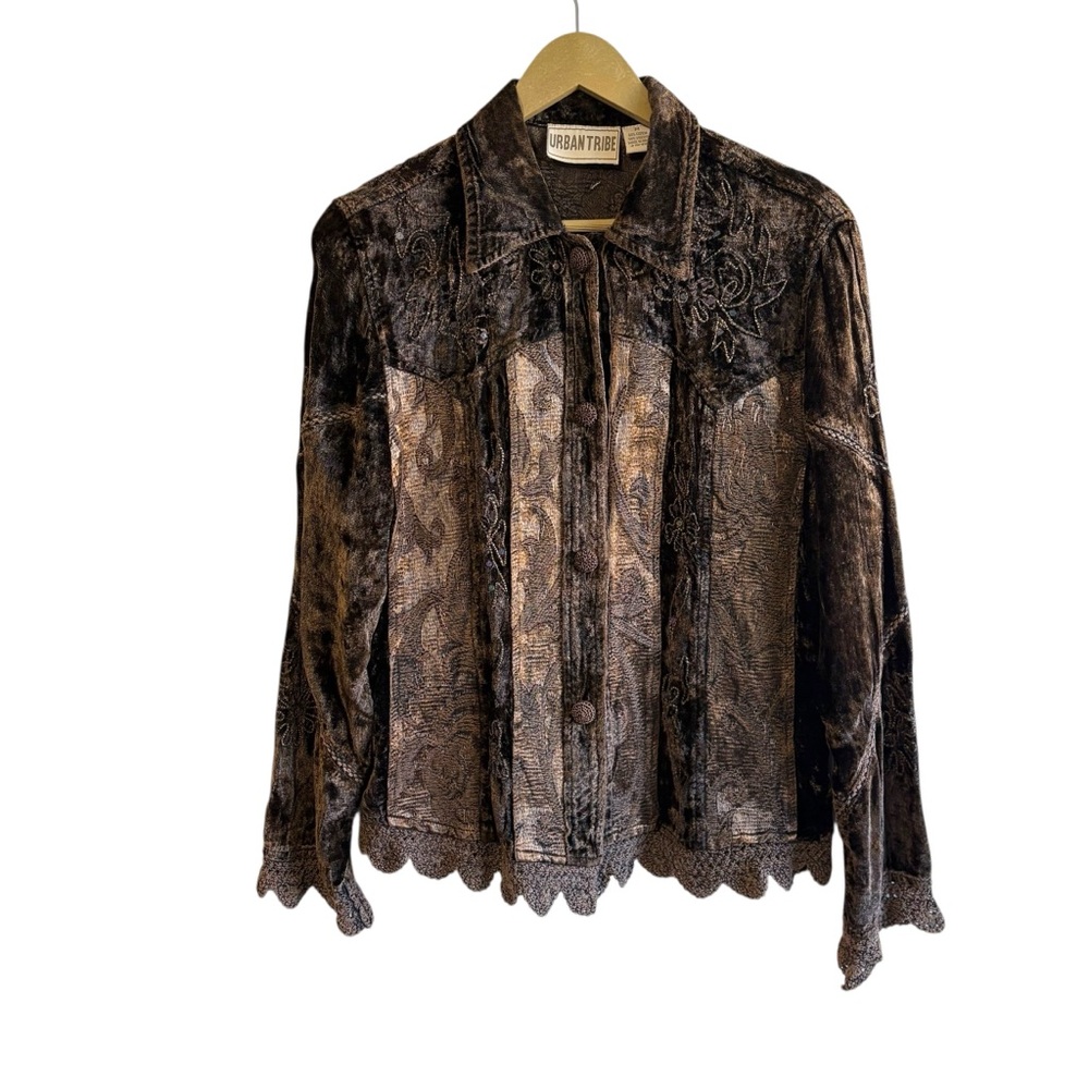 Urban Tribe Brown Velvet Embroidered Crochet Trim Button Up Long Sleeve Top Boho